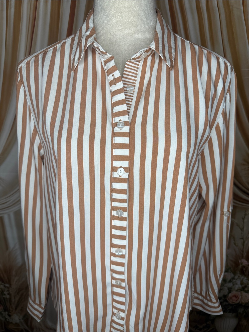 Jane and Delancey Cream and Brown Vertical Stripe Button-Down Shirt